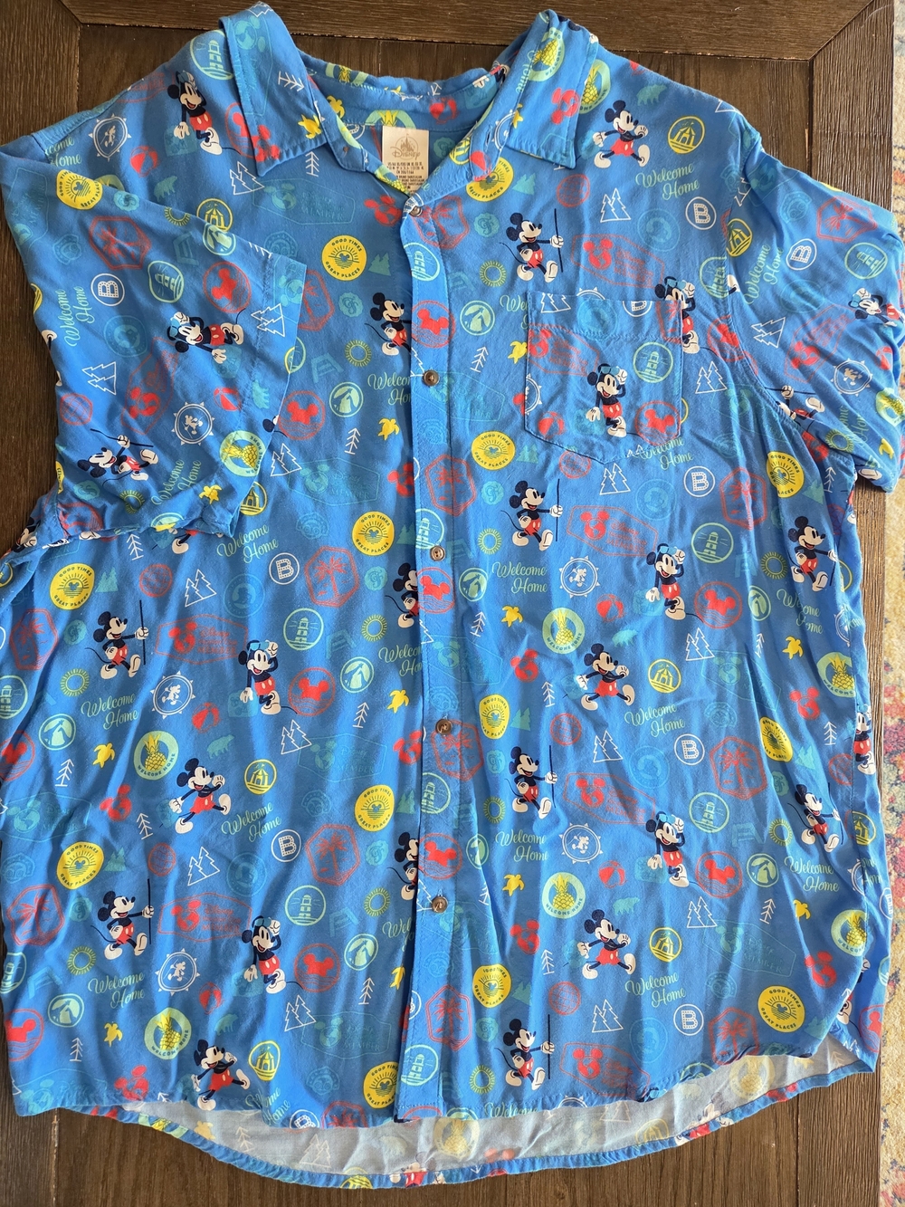 Disney Blue Mickey Mouse Button-Front Casual Shirt with Multicolor Icons
